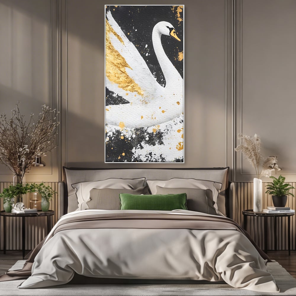 Tablou canvas cu tablou canvas cu lebada si auriu, in rama de aluminiu argintiu, pe perete intr-un dormitor